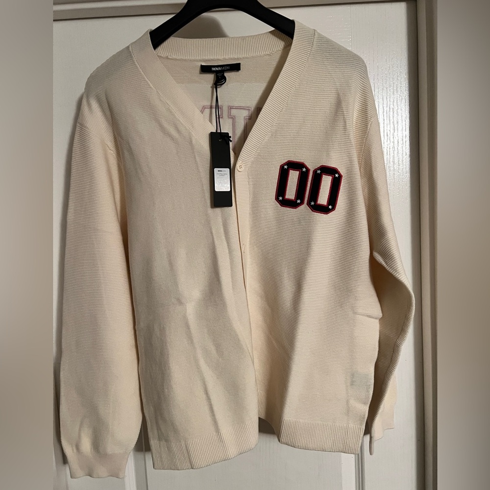 FashionNova Cream Cardigan with embroidered Red Patches size L